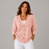 Women's Button-Front Ribbed Oversized Cardigan in Pink, on model