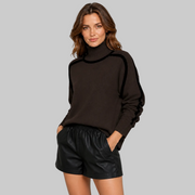 Women's Ribbed Oversized Contrast-Trim Turtleneck Sweater in Brown