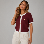 Women's Button-Front Contrast-Trim Pocket Cardigan in Red
