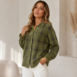 Women's Button-Front Ribbed Oversized Plaid Cardigan in Green, on model