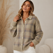 Women's Button-Front Ribbed Oversized Plaid Cardigan in Beige