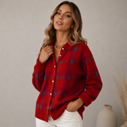 Women's Button-Front Ribbed Oversized Plaid Cardigan in Red