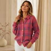 Women's Button-Front Ribbed Oversized Plaid Cardigan in Pink