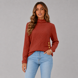 Women's Striped Ribbed Button-Front Turtleneck Sweater in Red, on model