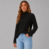 Women's Striped Ribbed Button-Front Turtleneck Sweater in Black, on model
