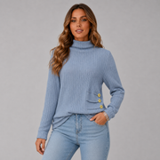 Women's Striped Ribbed Button-Front Turtleneck Sweater in Blue