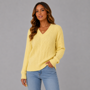 Women's V-Neck Cable-Knit Ribbed Sweater in Yellow