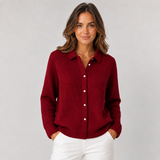 Women's Classic Button-Front Knit Cardigan in Wine Red, on model