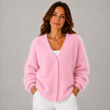 Women's V-Neck Brushed Oversized Sweater in Pink, on model
