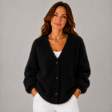 Women's V-Neck Brushed Oversized Sweater in Black, on model