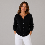 Women's Crewneck Oversized Button-Front Sweater in Black, on model