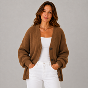 Women's Button-Front Chunky-Knit Ribbed Cardigan in Brown