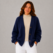 Women's Button-Front Chunky-Knit Ribbed Cardigan in Navy Blue