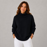 Women's Soft High-Neck Knit Sweater in Black, on model