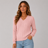 Women's V-Neck Cable-Knit Ribbed Sweater in Pink, on model