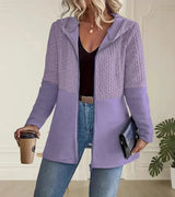 Women's Oversized Zip-Up Pocket Knit Hoodie in Purple, on model