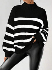 Women's Striped Ribbed Button-Front Zip-Up Turtleneck Sweater in Black