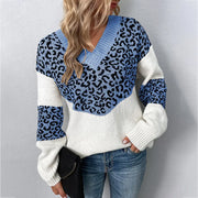 Women's Leopard-Print V-Neck Sweater in Light Blue