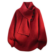 Women's Ribbed Panelled Asymmetric Turtleneck Sweater in Red