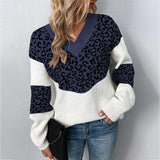 Women's Leopard-Print V-Neck Sweater in Dark Blue, on model