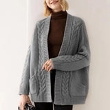 Women's Long-Sleeve Knit Cardigan in Grey, on model