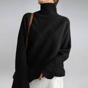 Women's Ribbed Oversized Panelled Turtleneck Sweater in Black