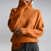 Women's Ribbed Oversized Panelled Turtleneck Sweater in Orange