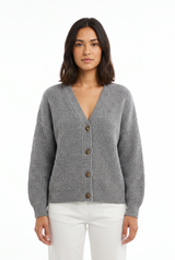 Women's Button-Front Chunky-Knit Ribbed Cardigan, on model, front view