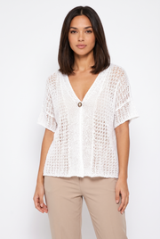 Women's Button-Front Open-Weave Oversized Cardigan in White