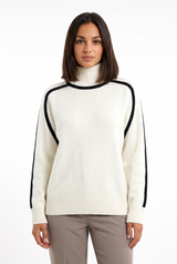 Women's Ribbed Oversized Contrast-Trim Turtleneck Sweater, on model, front view