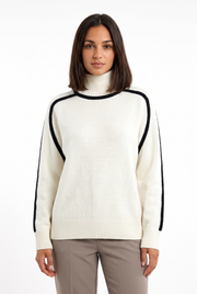 Women's Ribbed Oversized Contrast-Trim Turtleneck Sweater in White