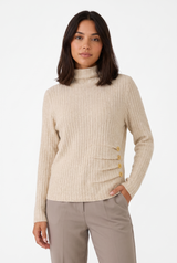 Women's Striped Ribbed Button-Front Turtleneck Sweater, on model, front view