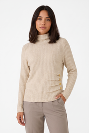 Women's Striped Ribbed Button-Front Turtleneck Sweater in Beige
