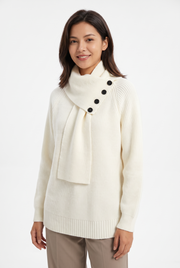 Women's Ribbed Panelled Asymmetric Turtleneck Sweater in White