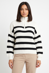 Women's Striped Ribbed Button-Front Zip-Up Turtleneck Sweater, on model, front view