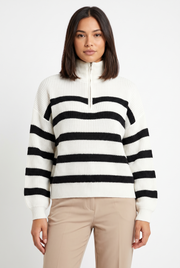 Women's Striped Ribbed Button-Front Zip-Up Turtleneck Sweater in White