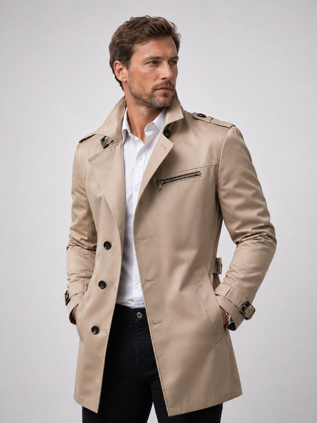 Belted Trench Coat for Men – Tailored Structured Fit, Adjustable Waist, Classic Details