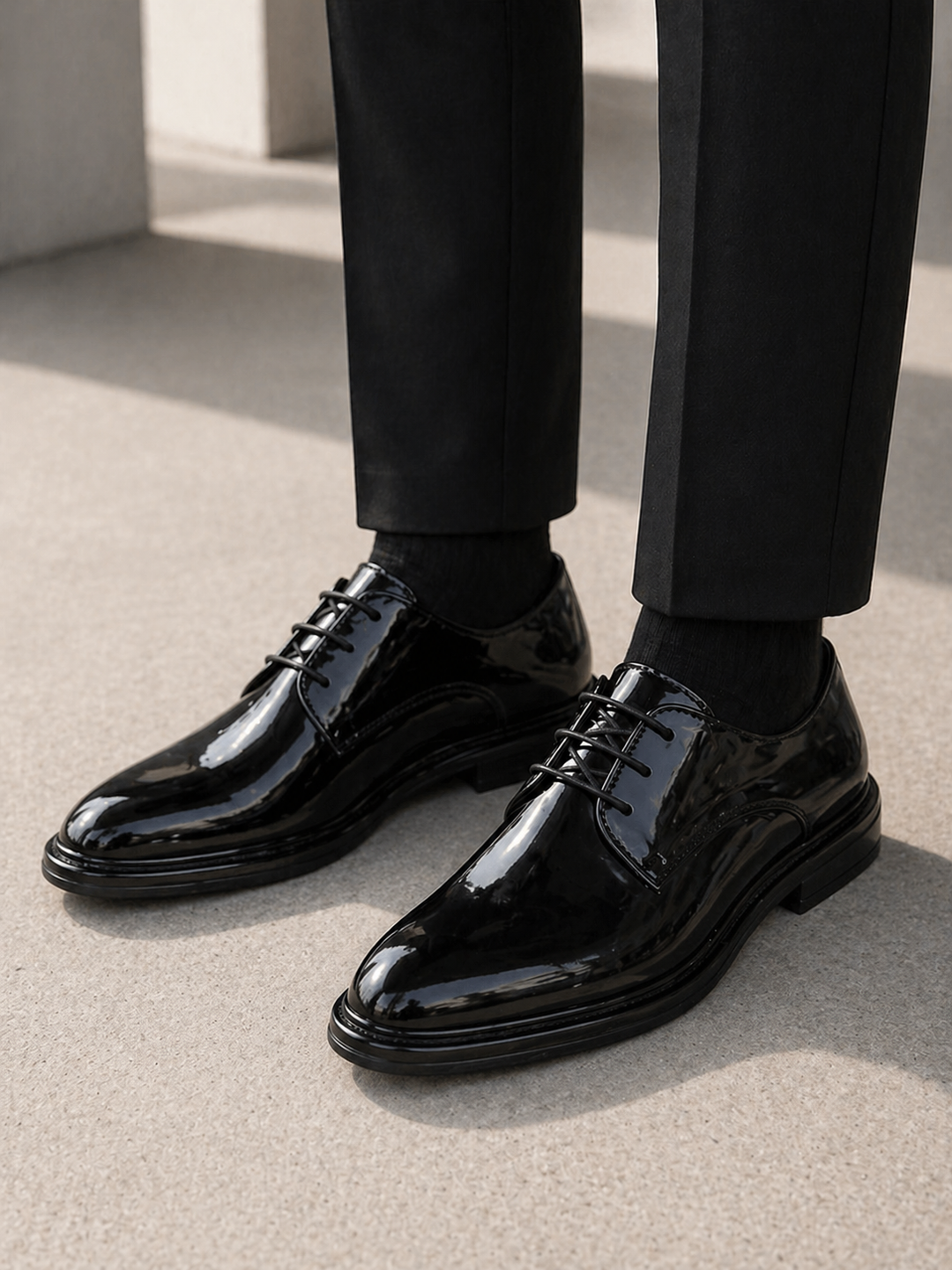 Formal Lace-Up Derby Shoes for Men – Structured Silhouette, Patent or Matte Black