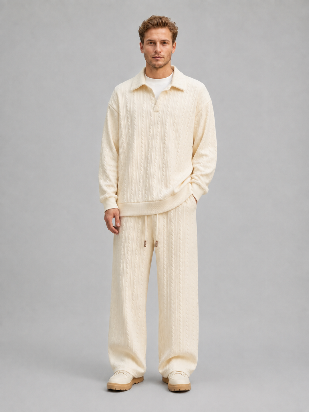 Men's Cable Knit-Style Two-Piece Set – Open Collar Top, Wide-Leg Drawstring Pants