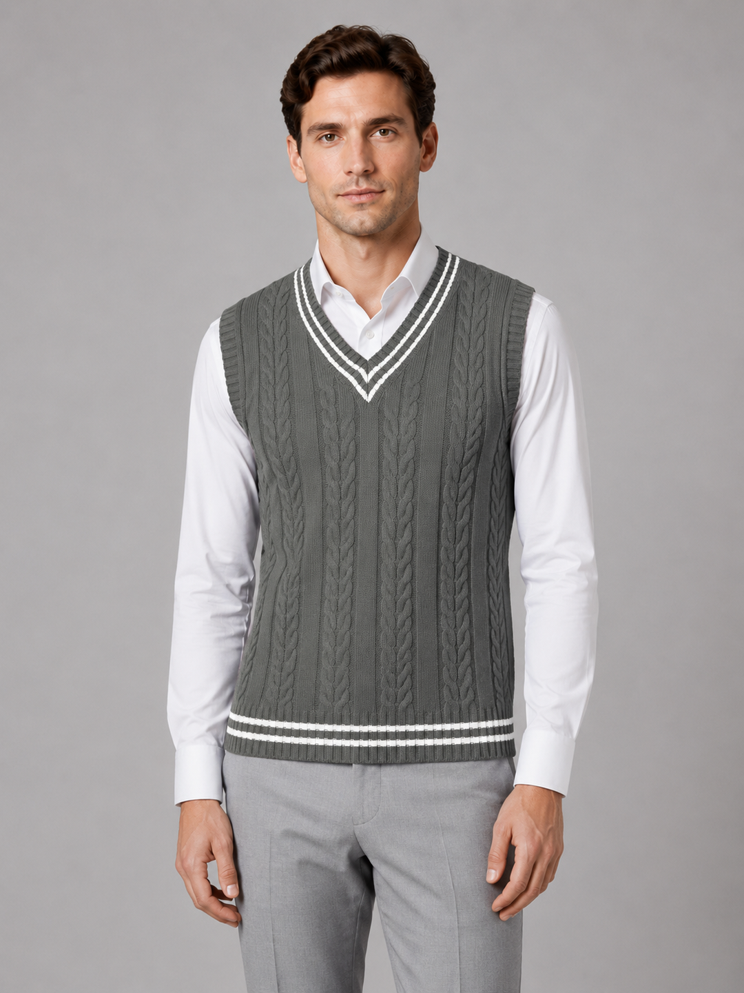 Cable Knit Sweater Vest for Men – V-Neck, Contrast Stripe, Ribbed Trim