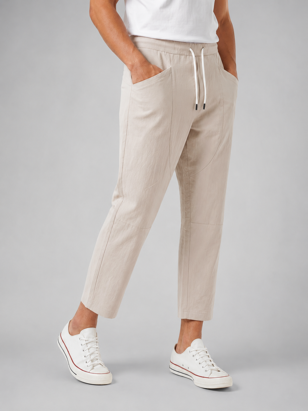 Cropped Drawstring Pants for Men – Relaxed Loose Fit, Elastic Waistband, Front Pockets