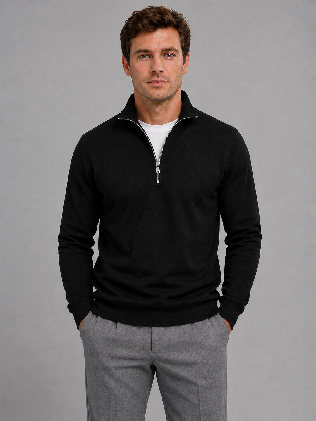 Men's Half-Zip Pullover Sweatshirt – Stand Collar, Clean Minimal Design