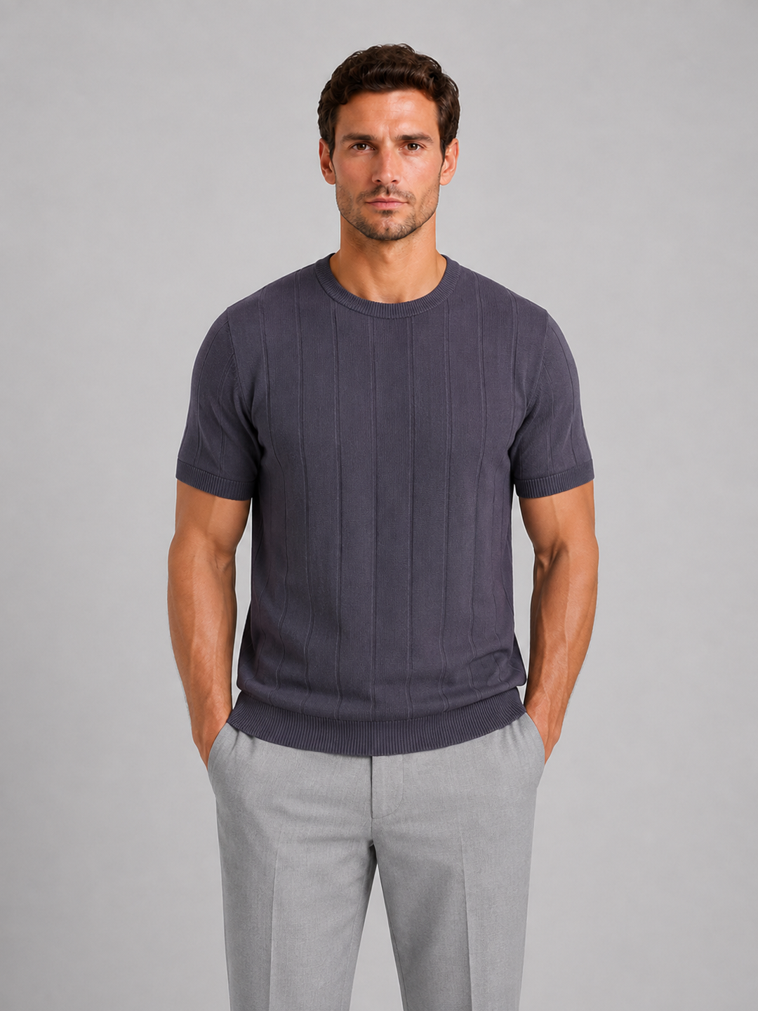 Fine Knit Short Sleeve Tee for Men – Crew Neck, Ribbed Neckline and Hem