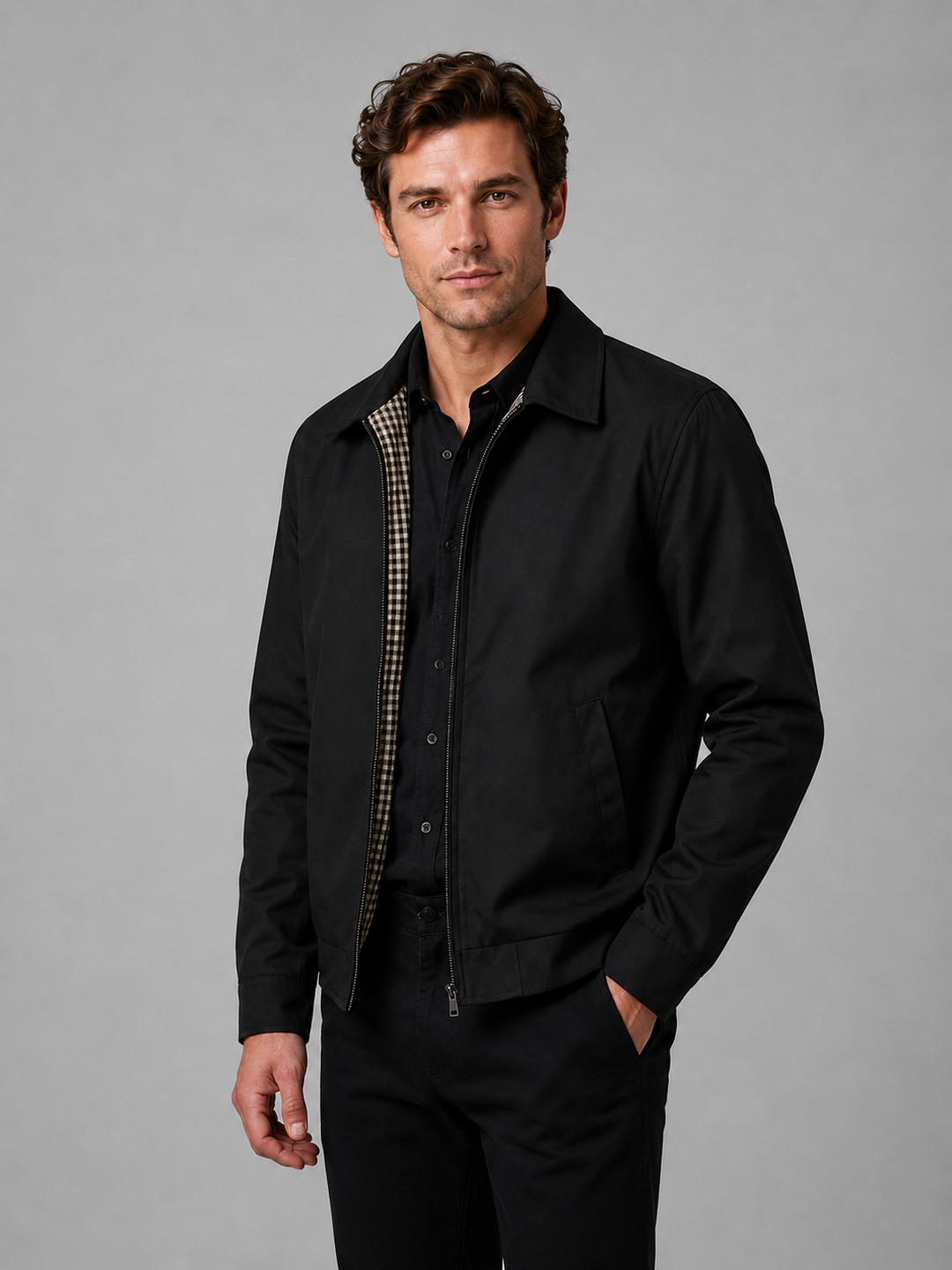 Lightweight Zip Jacket for Men – Point Collar, Checked Lining, Welt Pockets