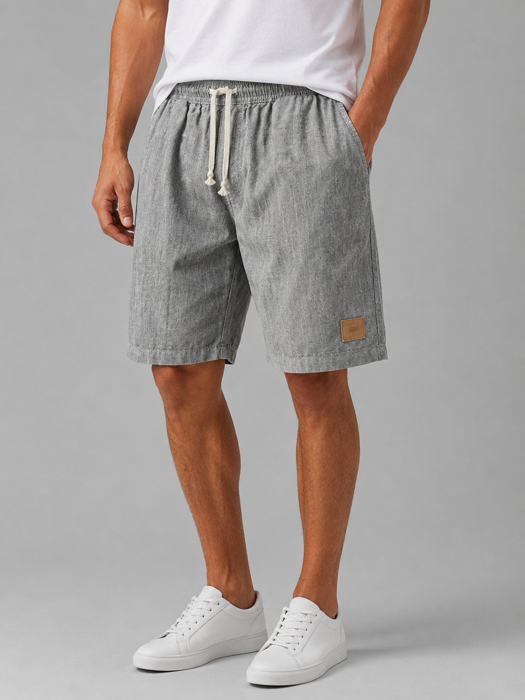 Linen-Look Elastic Waist Shorts for Men – Side Pockets, Drawstring, Solid Color Design