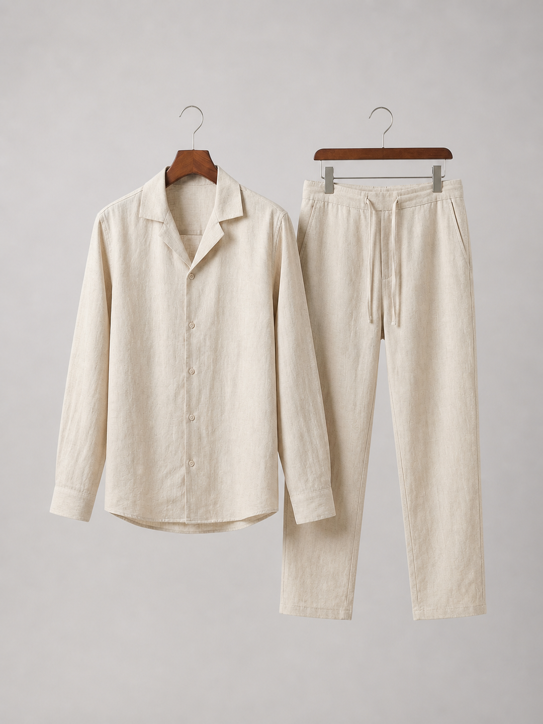 Linen-Look Cuban Collar Shirt and Pants Set for Men – Drawstring Waist, Lightweight