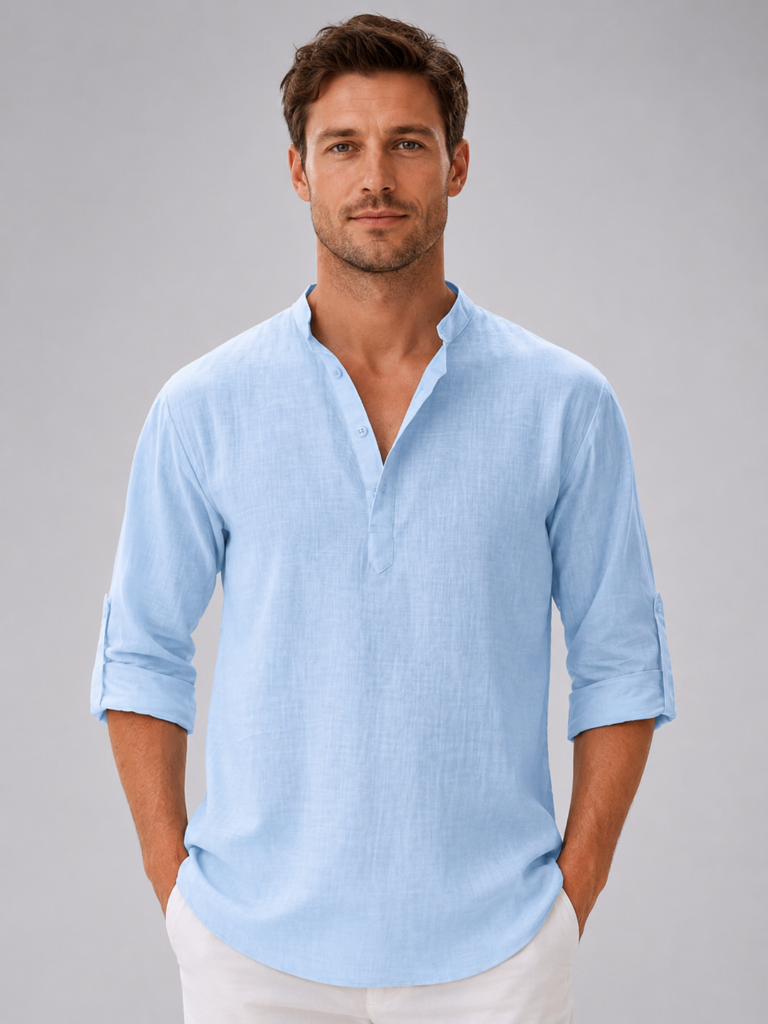 Linen Blend Stand Collar Shirt for Men – Relaxed Tailored Fit, Breathable Fabric