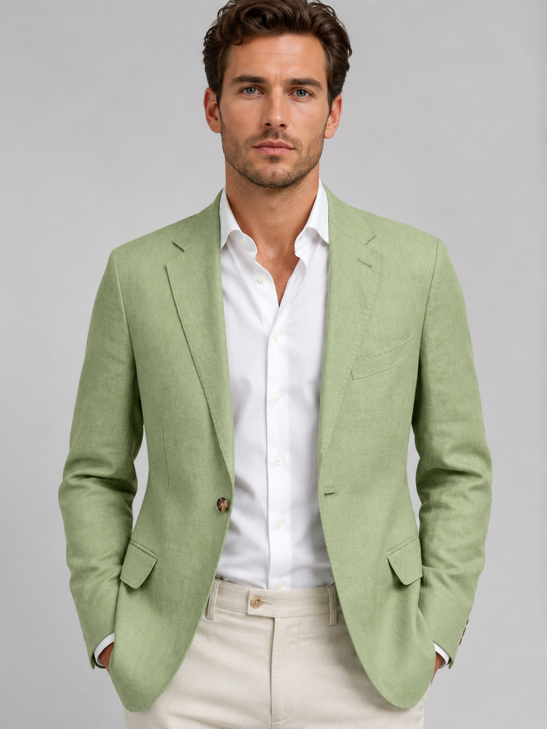 Linen-Look Tailored Blazer for Men – Lapel Collar, Button Front, Smooth Inner Lining