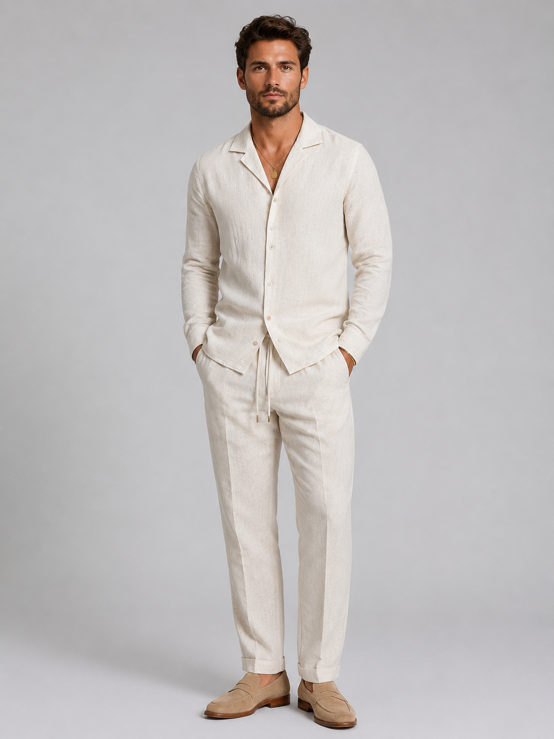Linen-Style Open Collar Shirt and Straight-Leg Pants Set for Men – Two-Piece