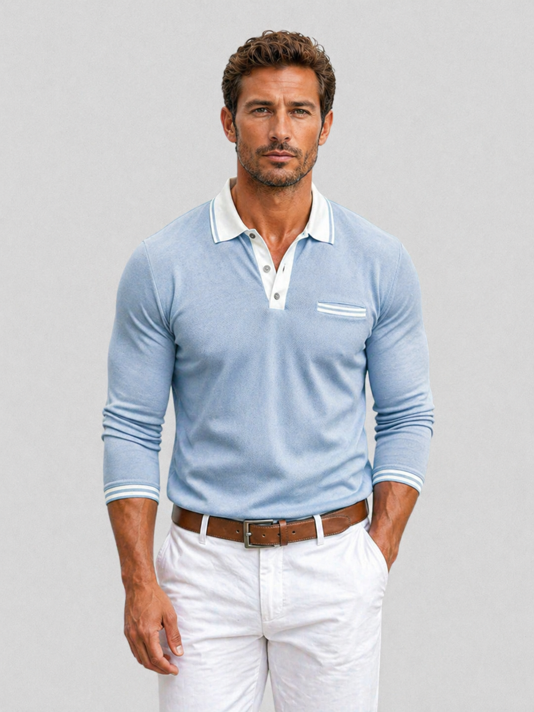 Long Sleeve Polo Shirt for Men – Contrast Collar and Trim, Button Placket, Chest Pocket